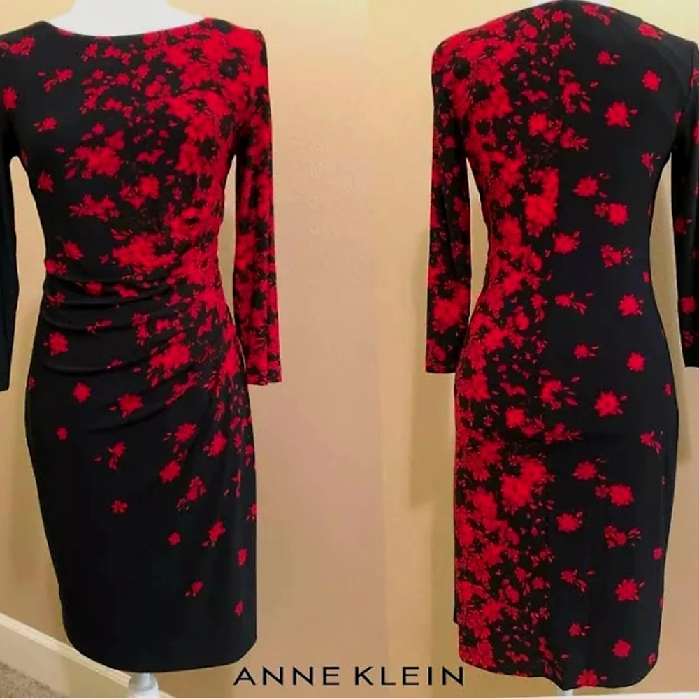 Anne Klein Women's Black and Red Floral Dress